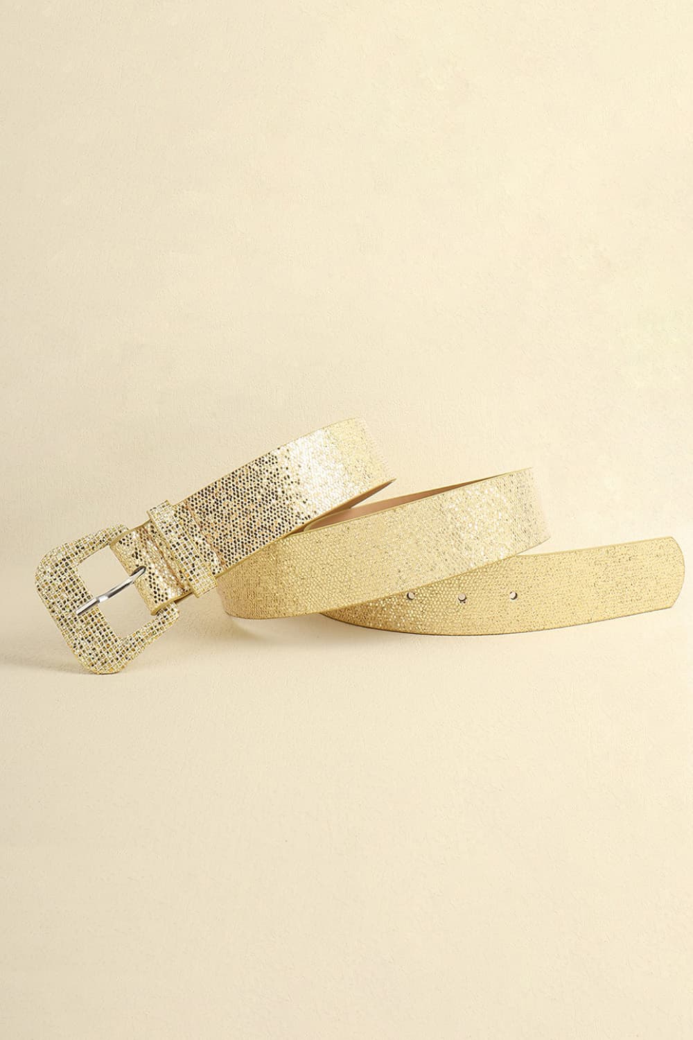 Gold glitter belt with a square buckle and textured finish.