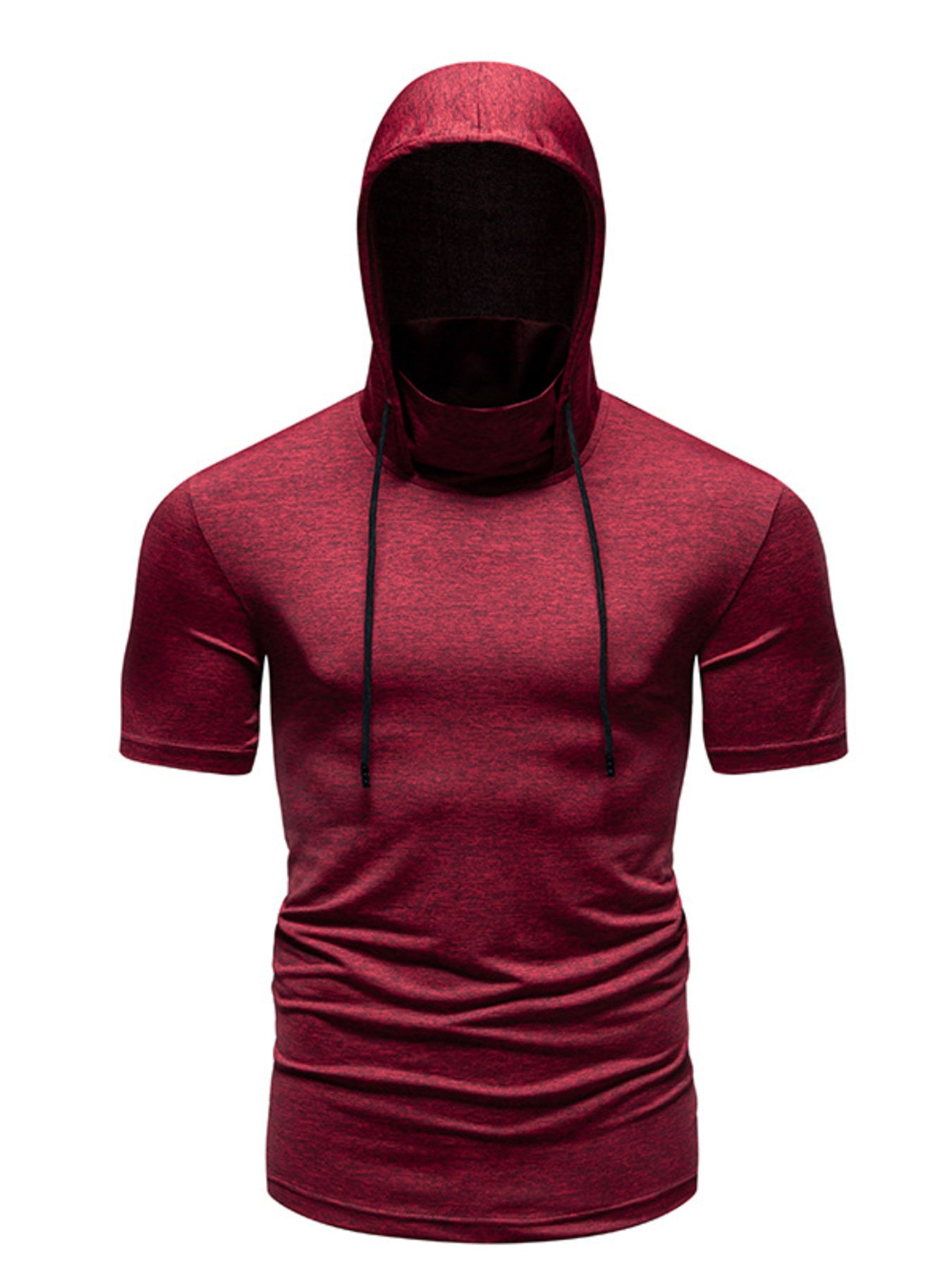 Men's burgundy heathered short sleeve hooded t-shirt with cowl neck and drawstring