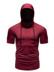 Men's burgundy heathered short sleeve hooded t-shirt with cowl neck and drawstring