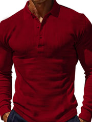 Burgundy textured waffle knit long-sleeve polo shirt with button placket.