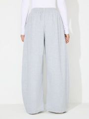 Light gray pleated drape palazzo trousers with a comfortable elastic waistband.