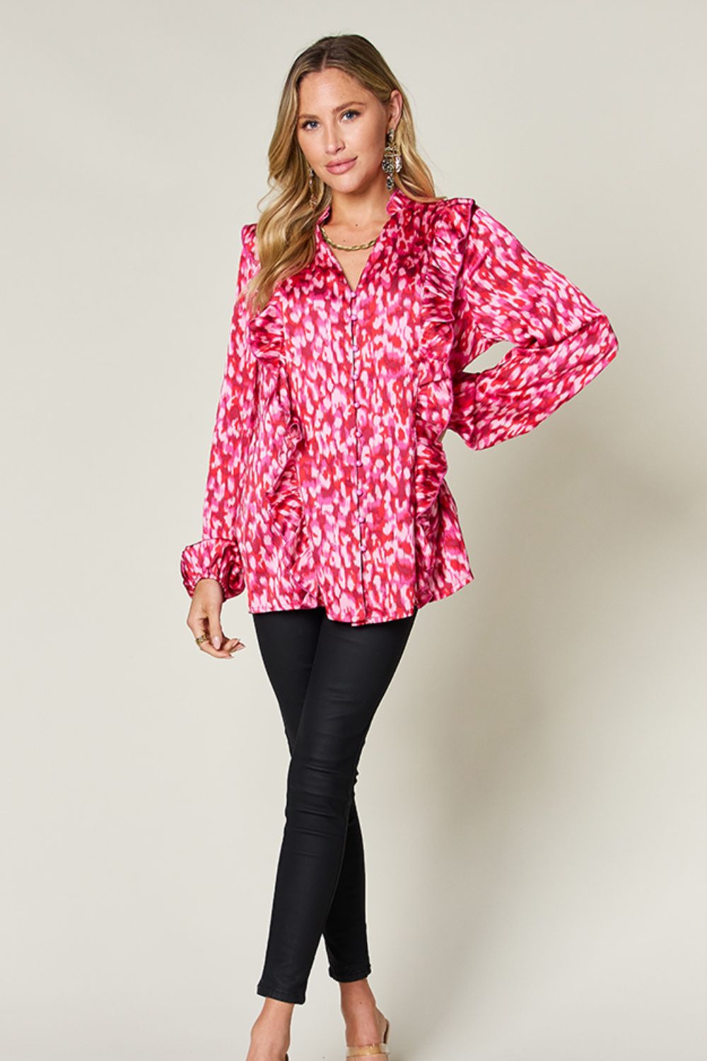 Hot Pink Ethereal Print Ruffle Front Blouse with buttoned front and balloon sleeves.