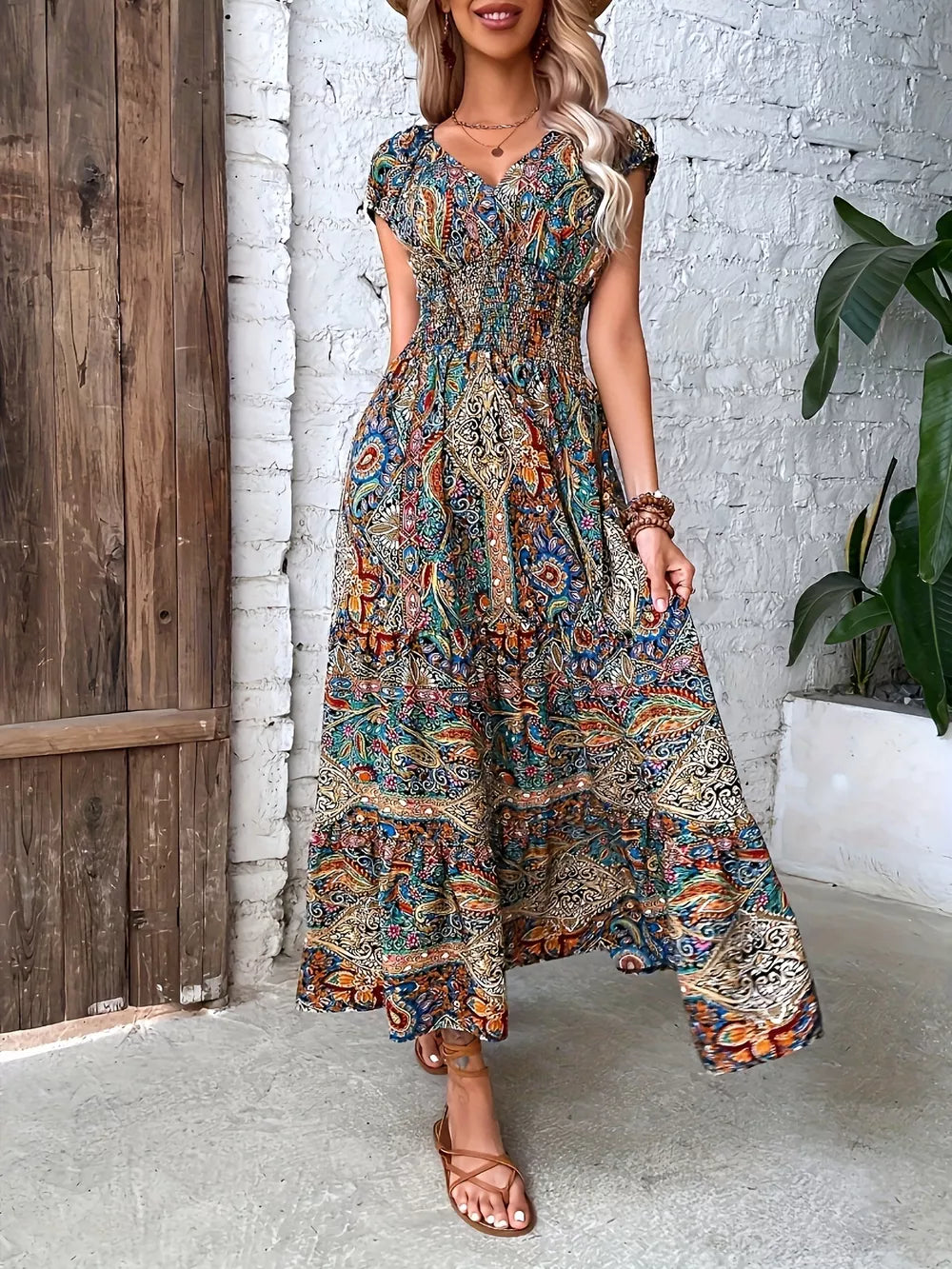 Vibrant tiered maxi dress with smocked bodice and colorful paisley print, V-neck, short sleeves.