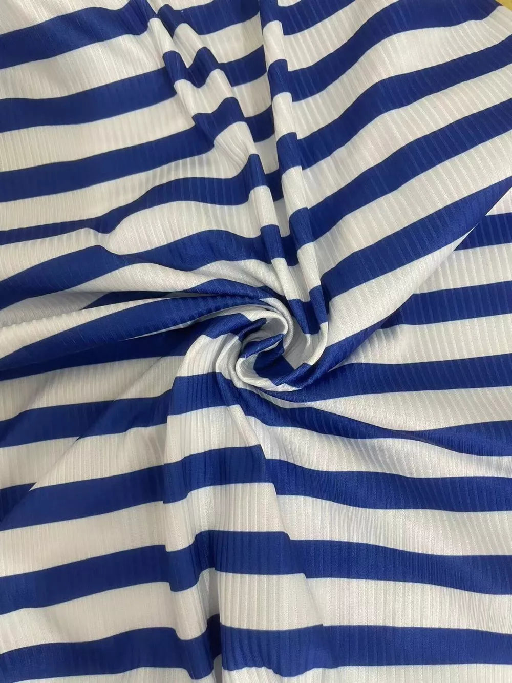 Blue and white striped ribbed maternity cover-up romper fabric detail.
