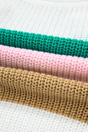 Colorblock knit tee in white, green, pink, and tan acrylic with a V-neck.
