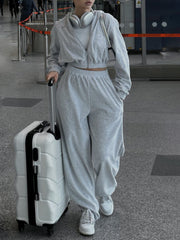 Light gray cropped zip hoodie and wide leg sweatpants set