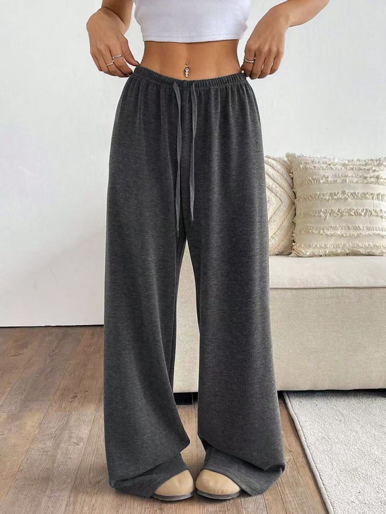 Dark gray casual wide-leg drawstring maternity pants with a relaxed fit.