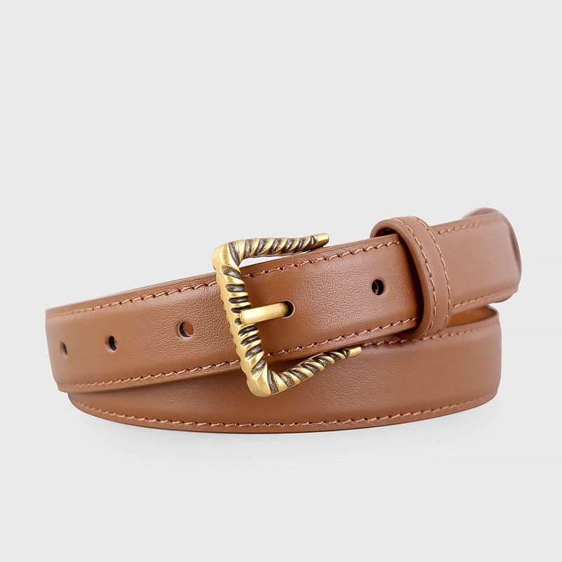 Textured buckle leather belt in brown with antique gold hardware