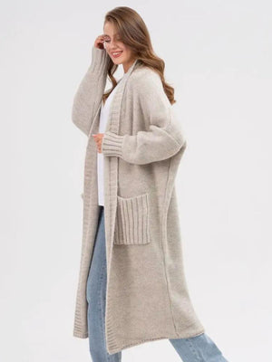 Oversized knit cocoon cardigan in Khaki with pockets and ribbed cuffs.