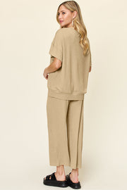 Khaki waffle knit lounge set with short sleeves and wide leg pants.