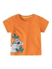 Orange cotton t-shirt with a koala appliqué and blue leaves.