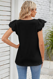 Black eyelet flutter sleeve square neck blouse with casual styling.