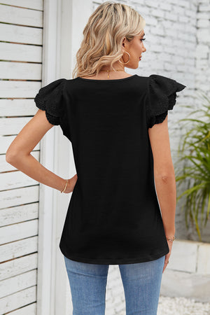 Black eyelet flutter sleeve square neck blouse with casual styling.