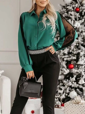 Lace-sleeve Button Up Shirt in Dark Green, back view