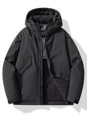 Black hooded windbreaker jacket with zippered pockets and "SPORTS" detail