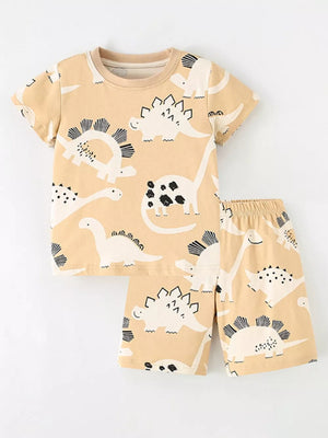 Beige cotton dinosaur print toddler t-shirt and shorts set.