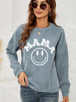 French Blue corduroy sweatshirt with white "Mama" smiley graphic.