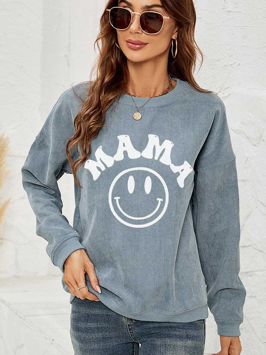 French Blue corduroy sweatshirt with white "Mama" smiley graphic.