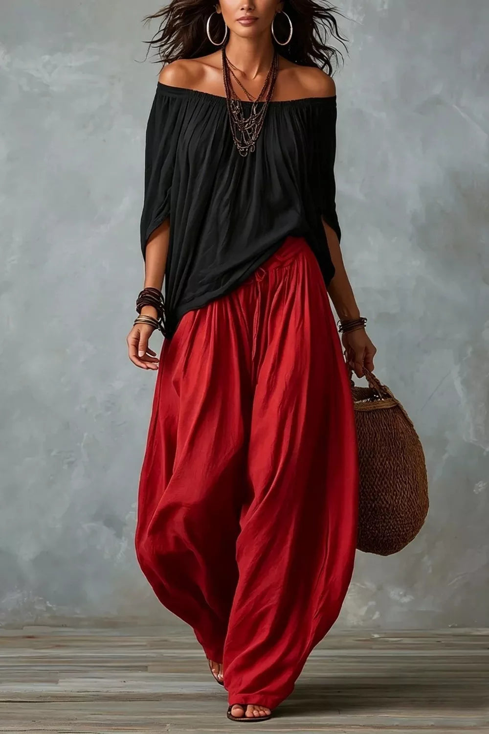 Off-shoulder Top And Wide-leg Pants Set Plus Size in Gray, front view