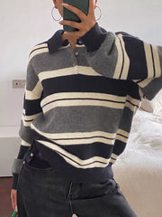 Striped Long Sleeve Button Detail Sweater in Dark Blue, close-up detail