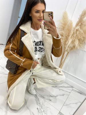 Camel suede effect overcoat with white shearling trim and collar detail