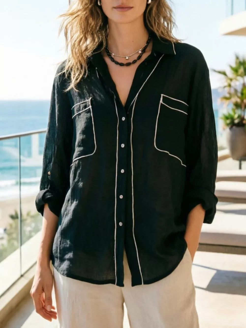 Chic Contrast Trim Long Sleeve Shirt