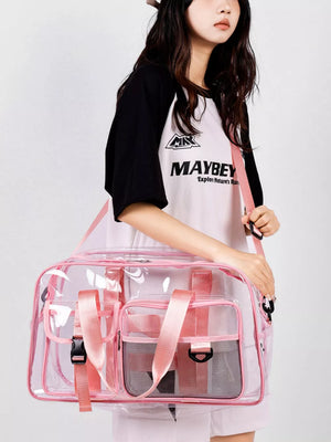 Pink transparent travel duffel bag with mesh pockets and adjustable straps