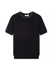 Black crew neck t-shirt with contrast white trim and short sleeves.