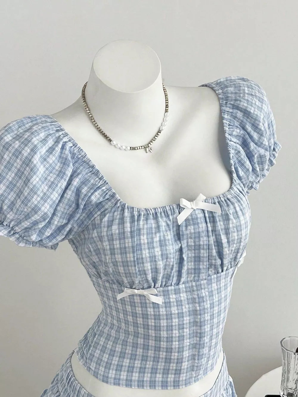 Plaid Puff Sleeve Blouse And Skirt Set, side view