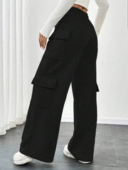 Black relaxed fit cargo pants with drawstring and multiple pockets.