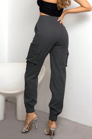 Charcoal utility cargo joggers with elastic cuffs and multiple pockets.