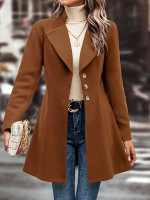 Caramel wool coat with flared hemline, button front, and notched lapels.