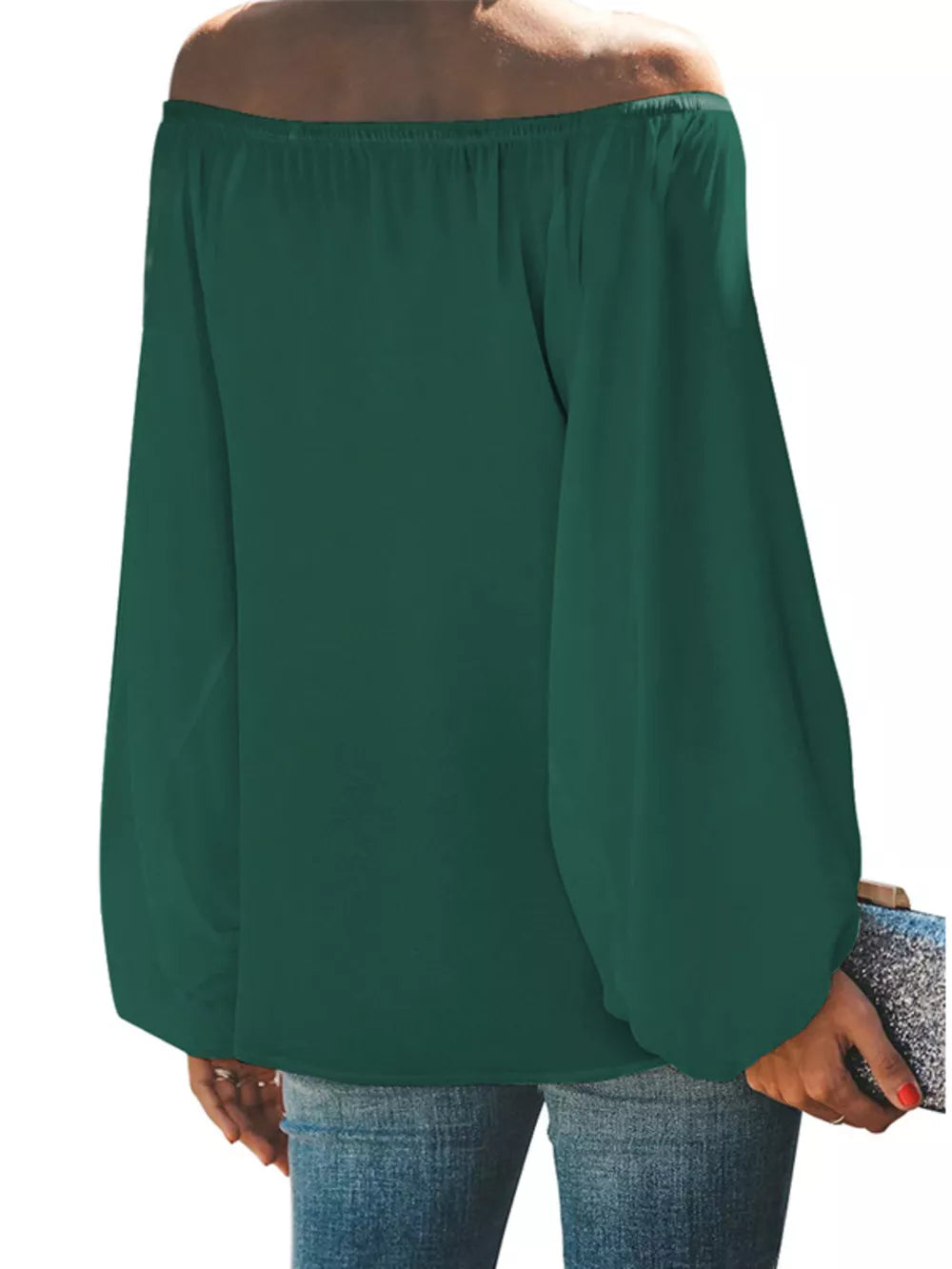 Dark green off-shoulder blouse with balloon sleeves