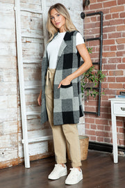 Black and gray checkered knit duster vest with pockets and a lapel.