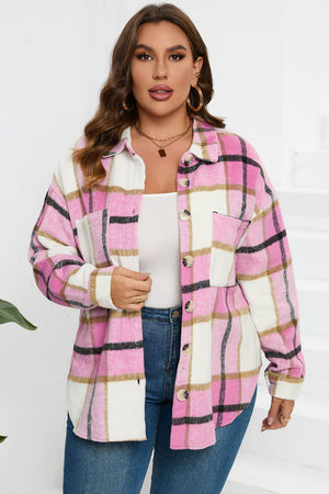 Oversized pink checkered shacket with button-down front and patch pockets.