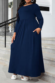 Navy long sleeve maxi dress with gathered waist and pockets