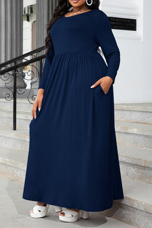 Navy long sleeve maxi dress with gathered waist and pockets