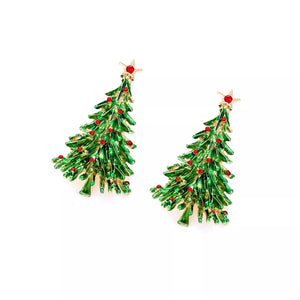 Festive holiday tree charm earrings with red gem accents and gold trim.