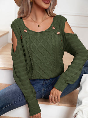 Army green cable knit cold-shoulder sweater with button detail