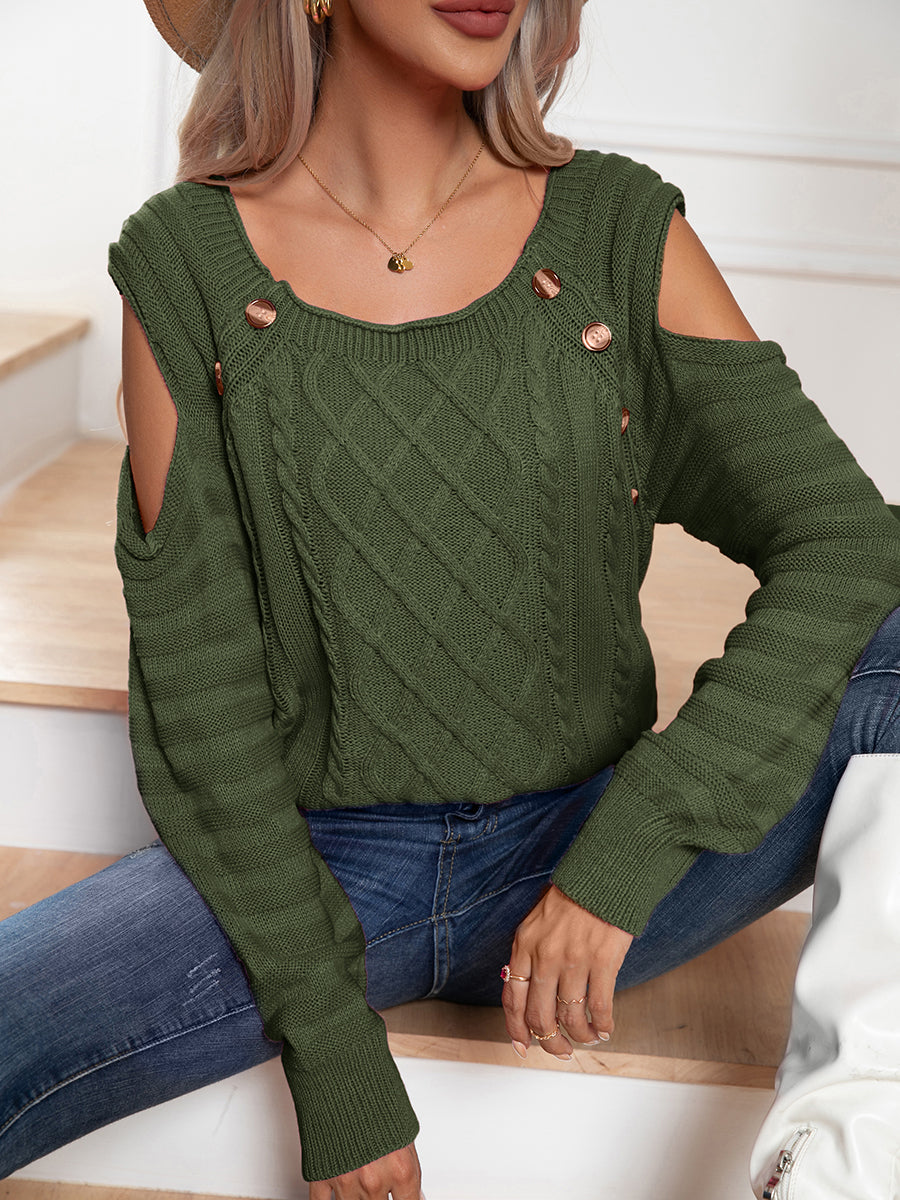Army green cable knit cold-shoulder sweater with button detail