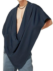 Navy draped blazer cape with asymmetrical sculptural drape and a single pocket.