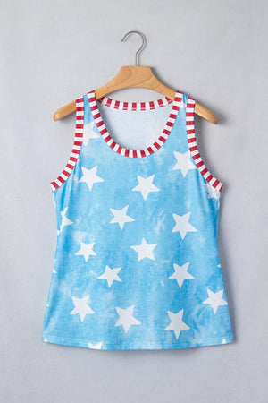 Starry tie-dye tank top with red and white striped trim and scoop neckline.