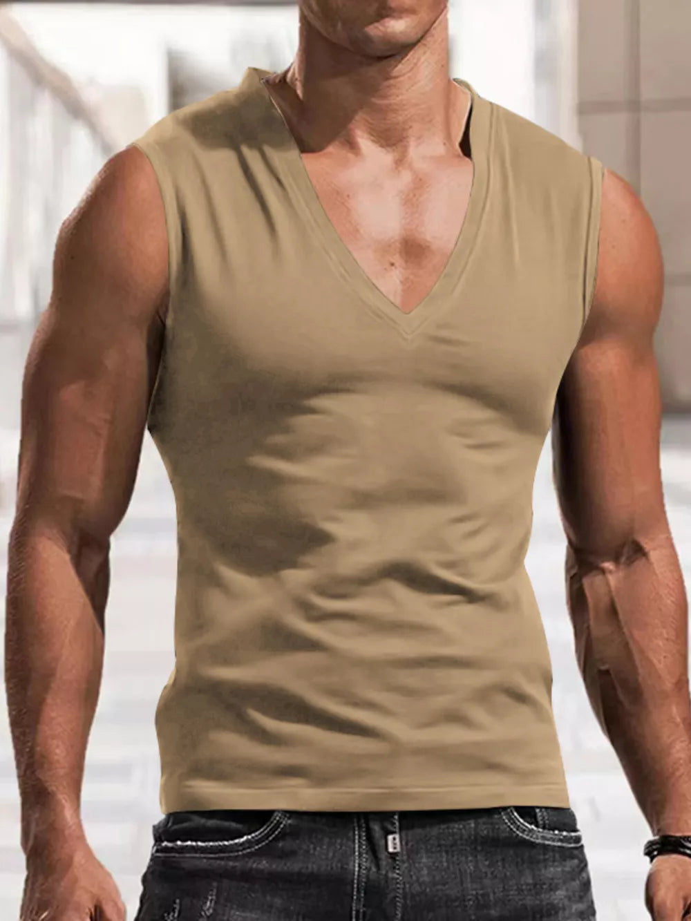 Men's Full Size V-neck Tank Top Plus Size in Royal Blue, model styling view
