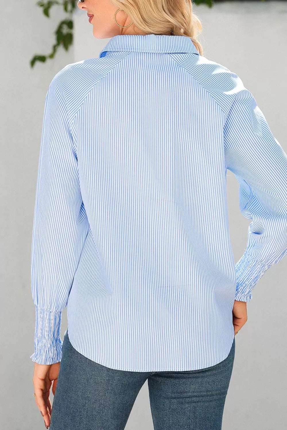 Striped Smocked Sleeve Collared Blouse in Light Blue, close-up detail