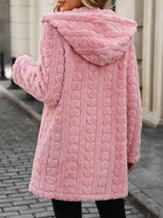 Blush pink textured heartbeat hooded coat with a plush finish.