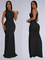 Black ruched one-shoulder bodycon maxi dress with a mermaid hem.