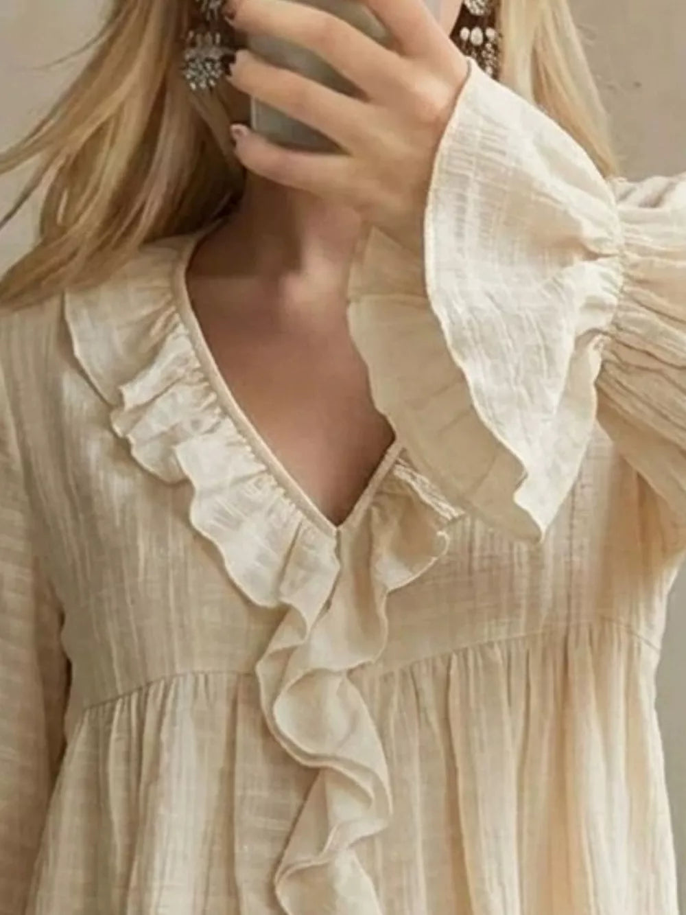 Ruffled V-neck Flounce Sleeve Blouse in Off-white, side view