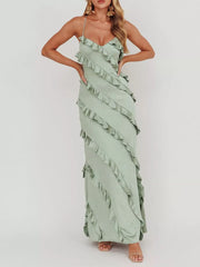 Sage ruffled spaghetti strap maxi dress with diagonal ruffle detailing.