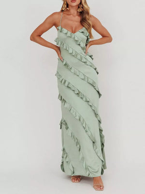 Sage ruffled spaghetti strap maxi dress with diagonal ruffle detailing.