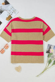 Metallic stripe boxy tee with pink stripes on tan acrylic fabric.